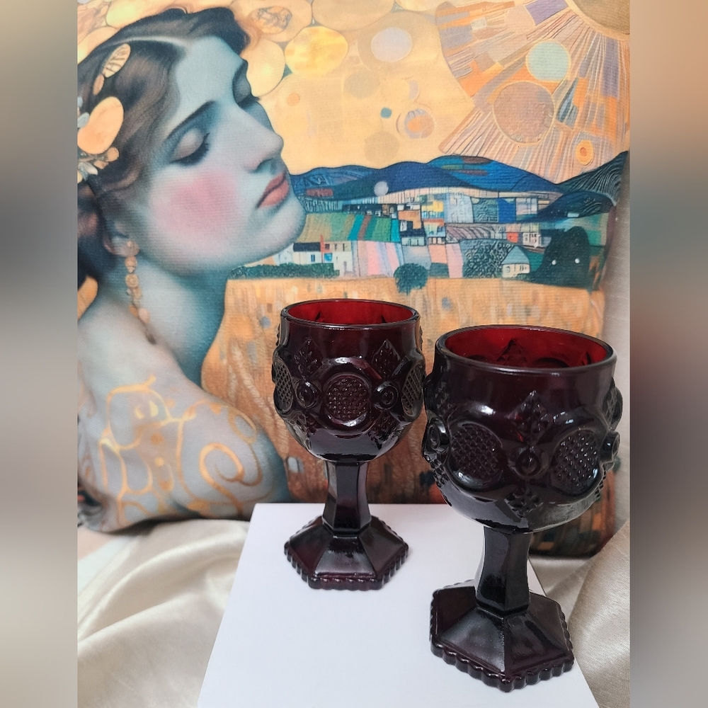 Set of 2 Avon 1876 Cape Cod Ruby Red Glass Goblets-Highly Collectible!